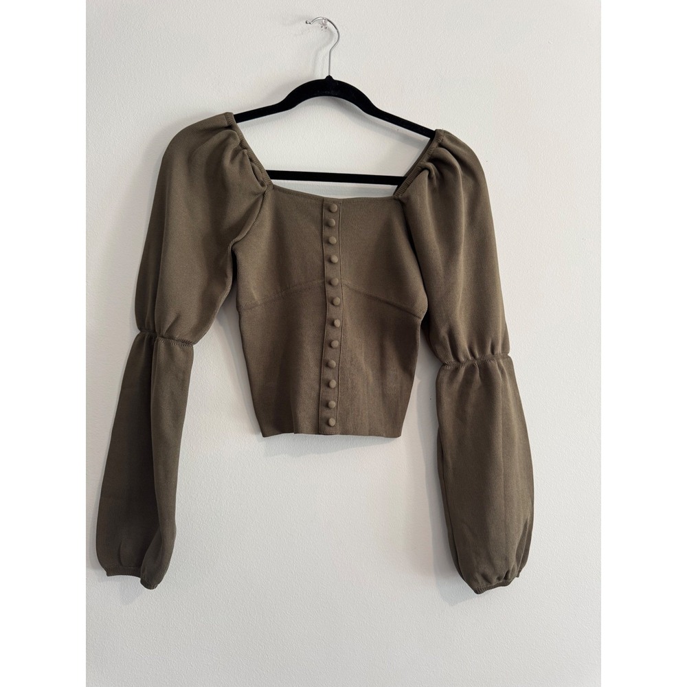 Zara‎ Puff Sleeve Knit Top Women Small Brown Square Neck Button Front